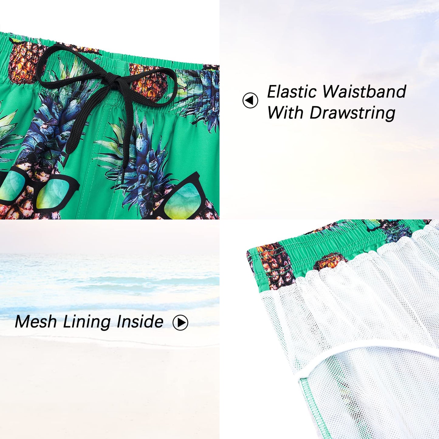 TUONROAD Men's Swim Trunks with Pineapple 3D Print: Quick-drying with drawstring
