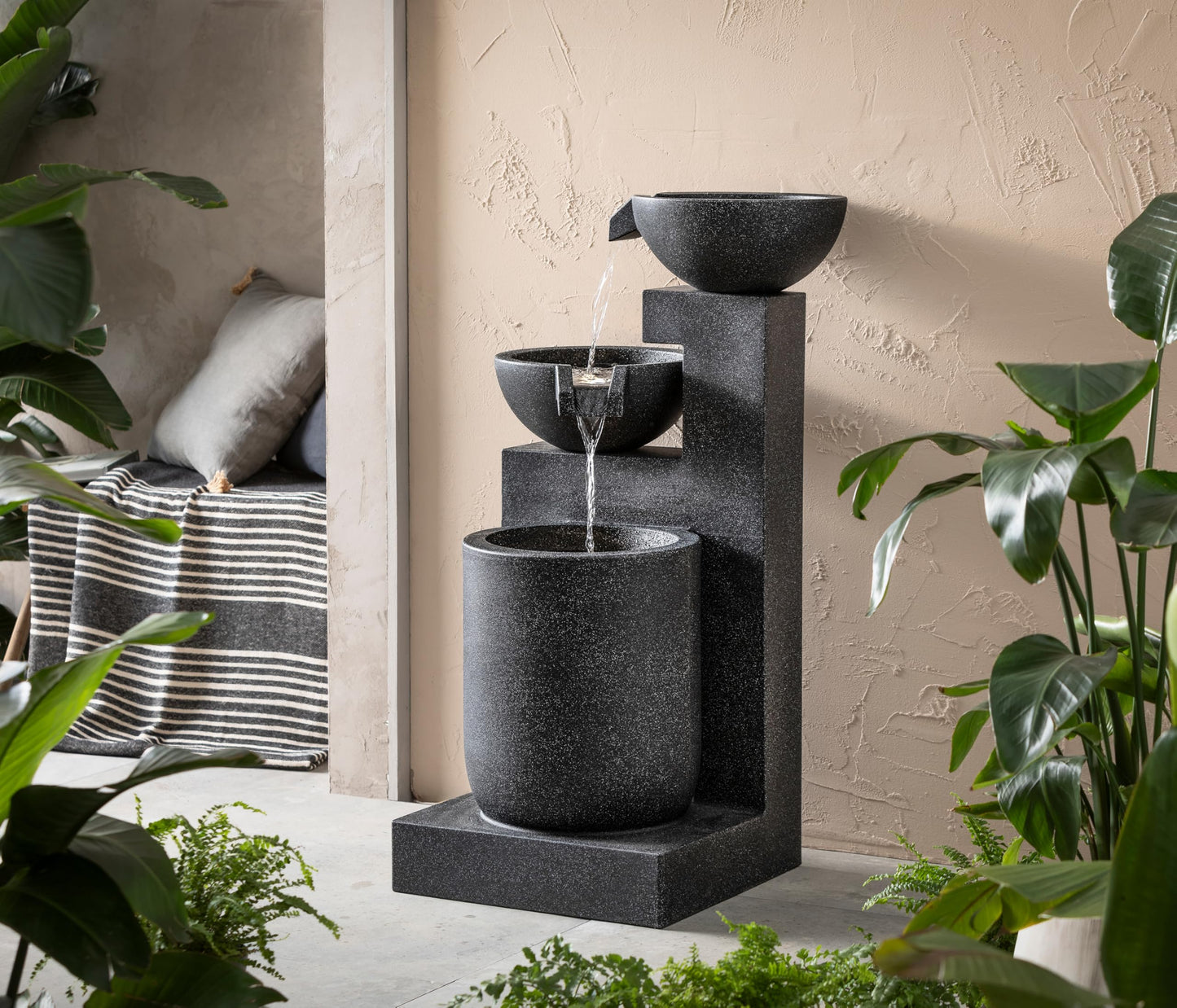 Dehner Samson Garden Fountain, Frost-Resistant Patio Fountain, Outdoor Fountain with LED Lighting, Approx. 100 x 54.5 x 54.5 cm, Polyresin, Black