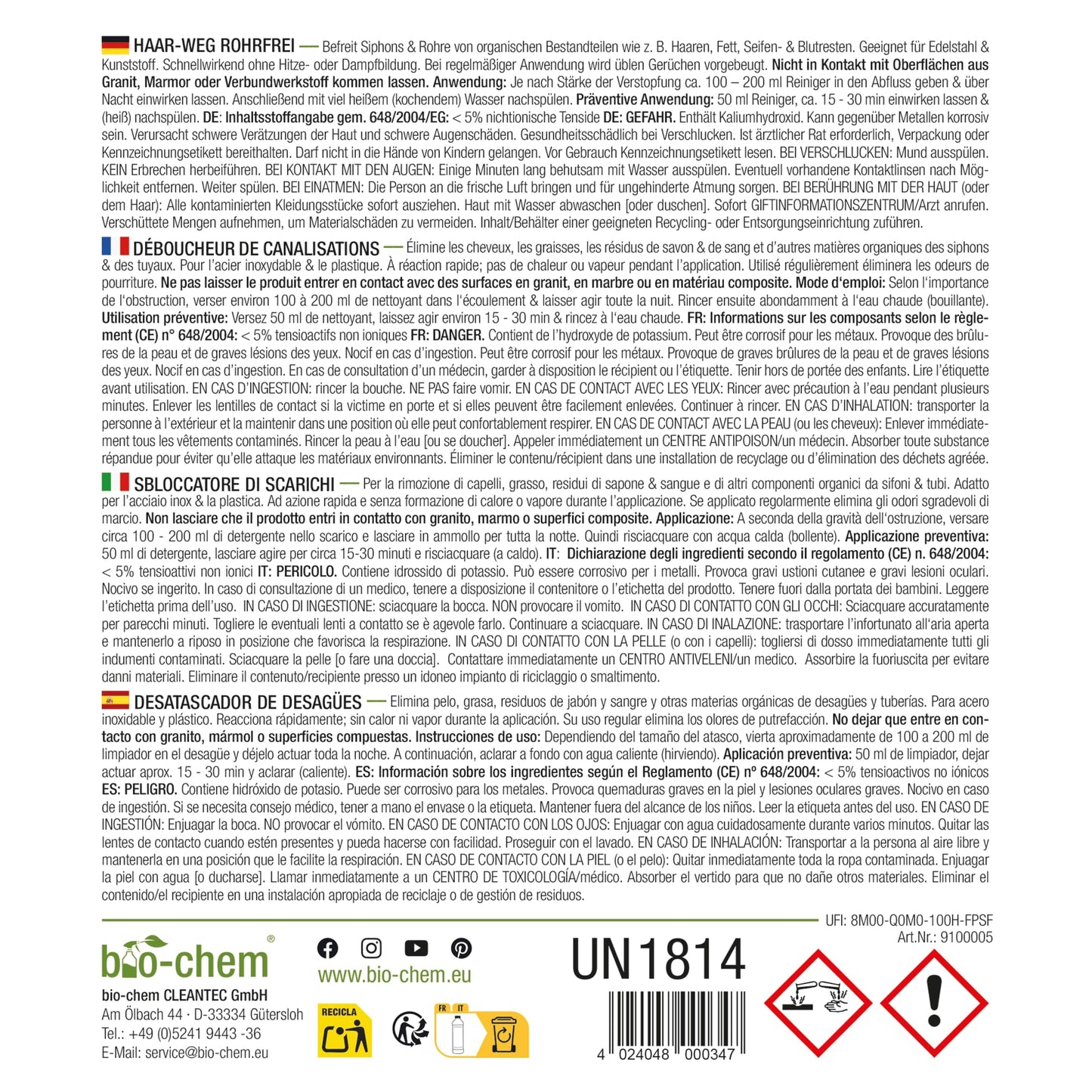 bio-chem Hair-Away Drain Cleaner EXTRA STRONG (1000ml) Made in Germany