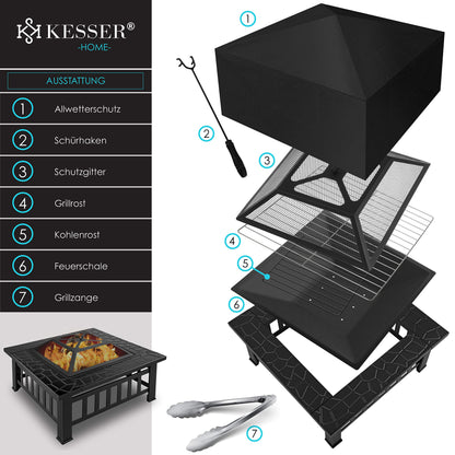 KESSER® fire pit with grill grate &amp; grill tongs: fire bowl, BBQ grill with spark guard
