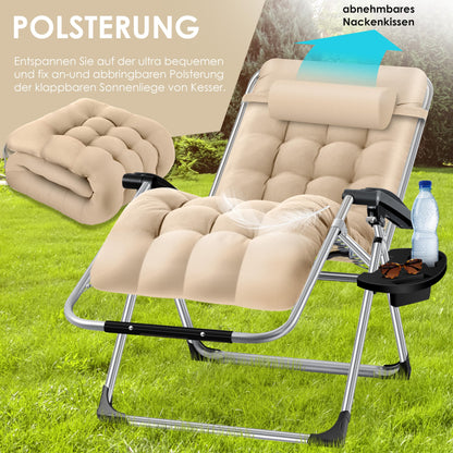 KESSER® sun lounger: Foldable &amp; weatherproof including neck pillow &amp; cup holder