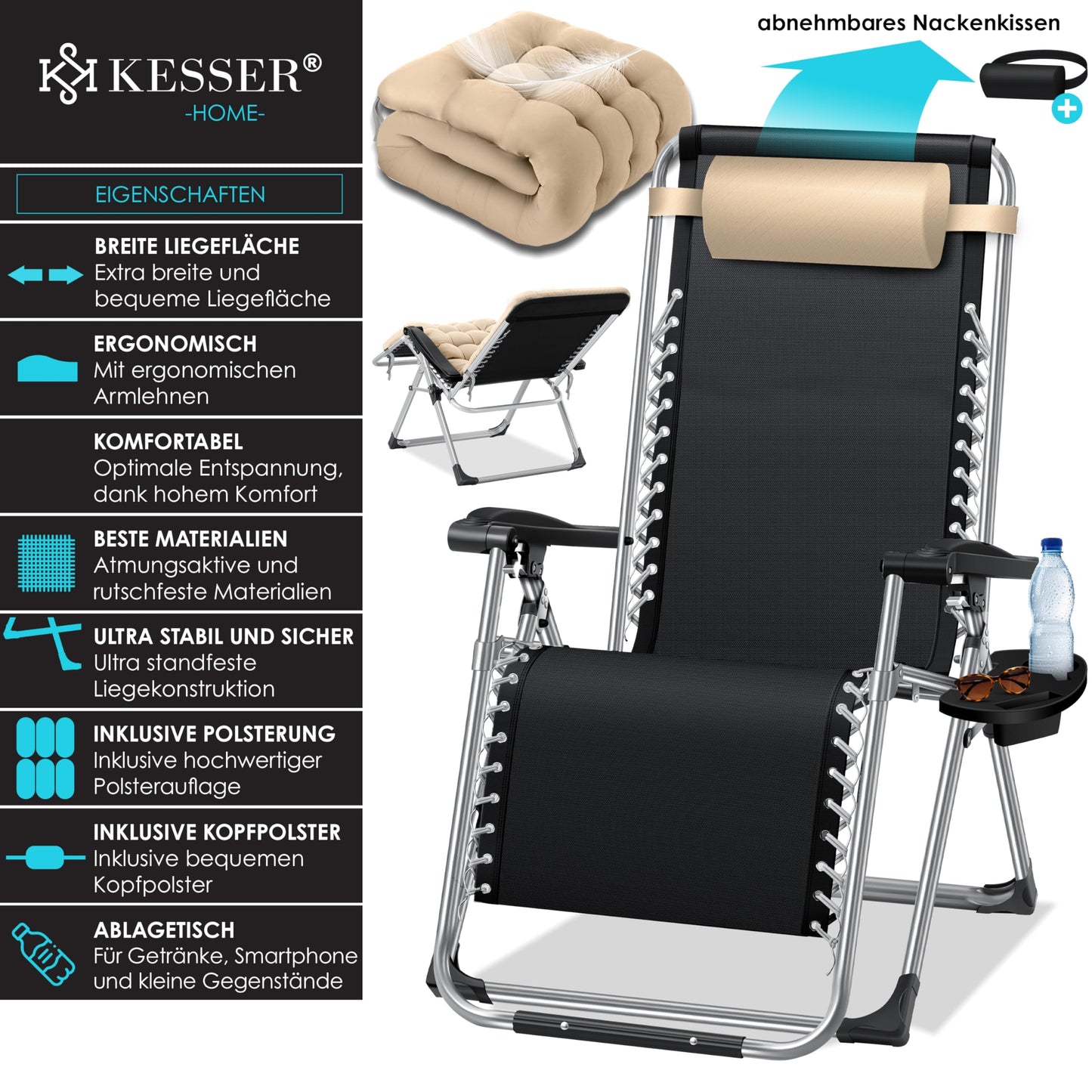 KESSER® sun lounger: Foldable &amp; weatherproof including neck pillow &amp; cup holder