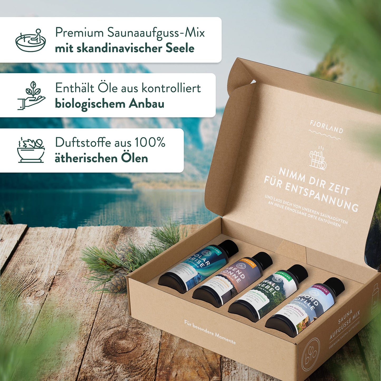 Fjorland ORGANIC Essential Sauna Fragrances Gift Set (4x100ml) in a high-quality gift box