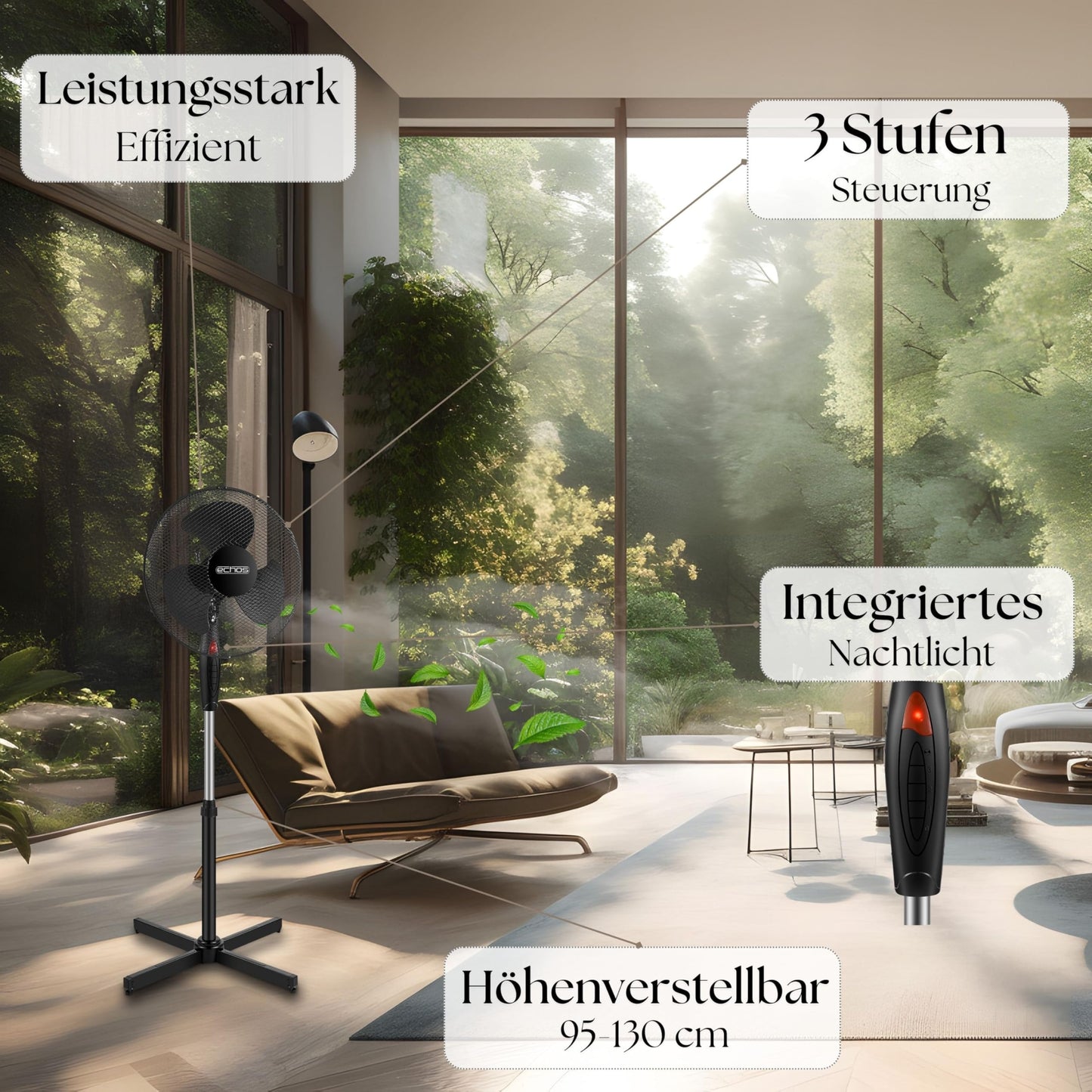Echos® pedestal fan (Ø 43cm): Very quiet, energy-saving, 3 speeds, oscillation