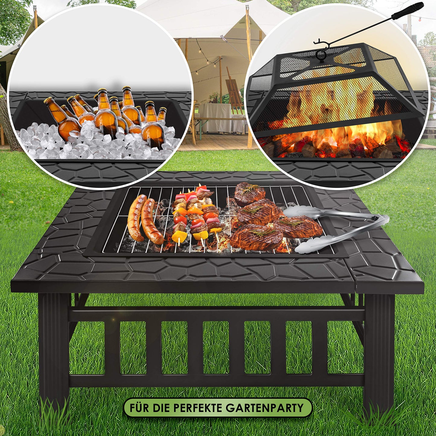 KESSER® fire pit with grill grate &amp; grill tongs: fire bowl, BBQ grill with spark guard