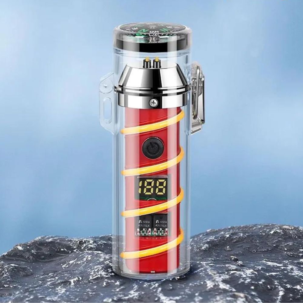 USB-Wiederaufladbares Feuerzeug mit LED-Taschenlampe, Kompass und Winddichtem Lichtbogen - Rot